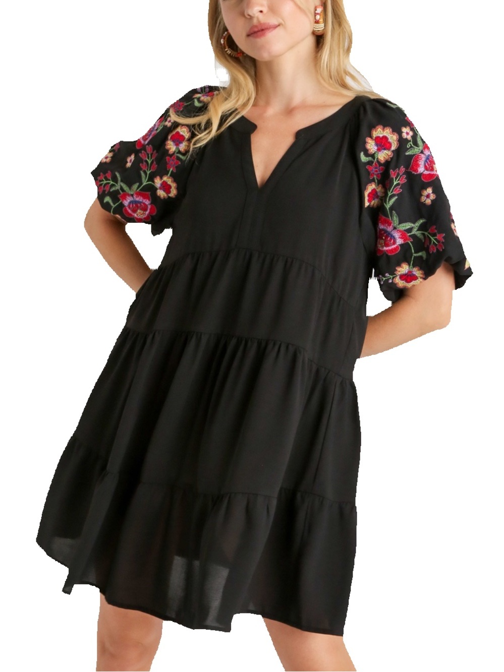 ✨ Umgee Black Dress with Floral Embroidered Puff Sleeves Size S